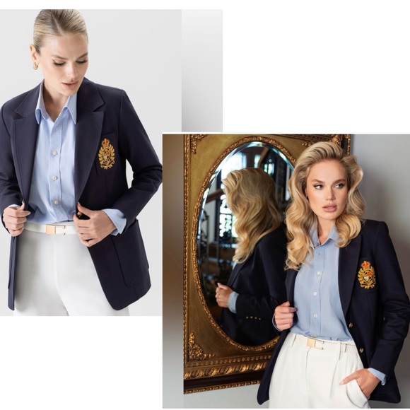 Ralph Lauren navy blue wool double breasted blazer crest logo embroidered emblem - Picture 4 of 15